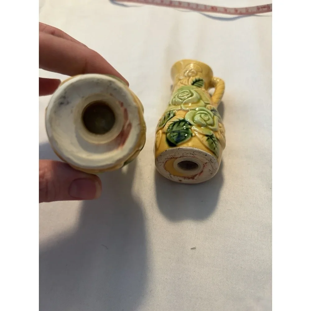 Vintage Salt and Pepper Shakers Pitcher Rose Yellow Green Mid-Century
